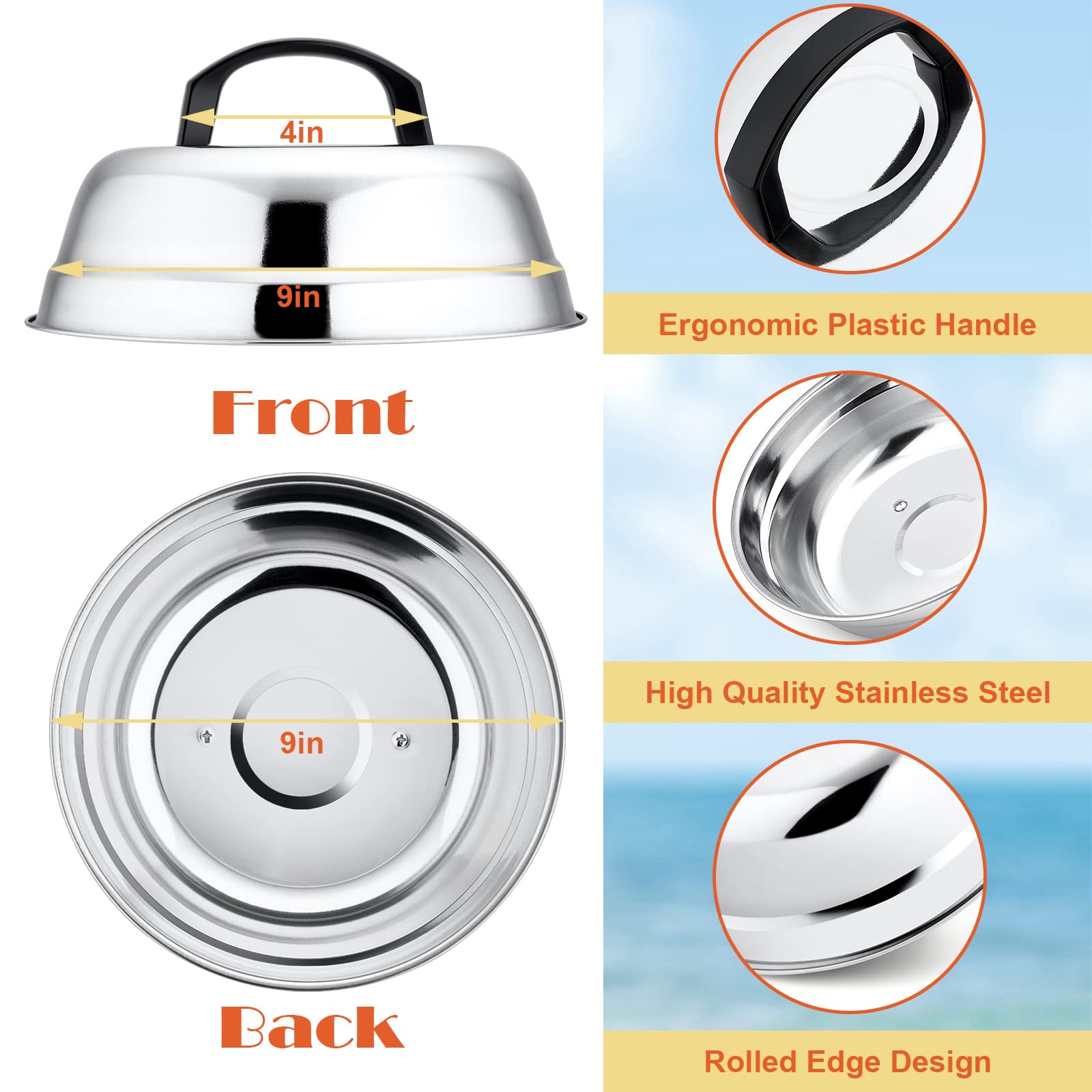 9In Cheese Melting Dome, Hasteel 2Pcs Stainless Steel Round Basting Cover, Lightweight Steam Cover Lid With Plastic Handle, Dura